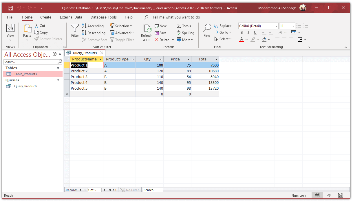 MS Access Query Total Result