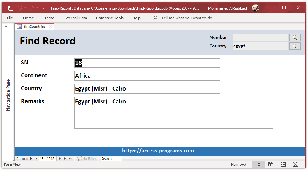 MS Access Find Record