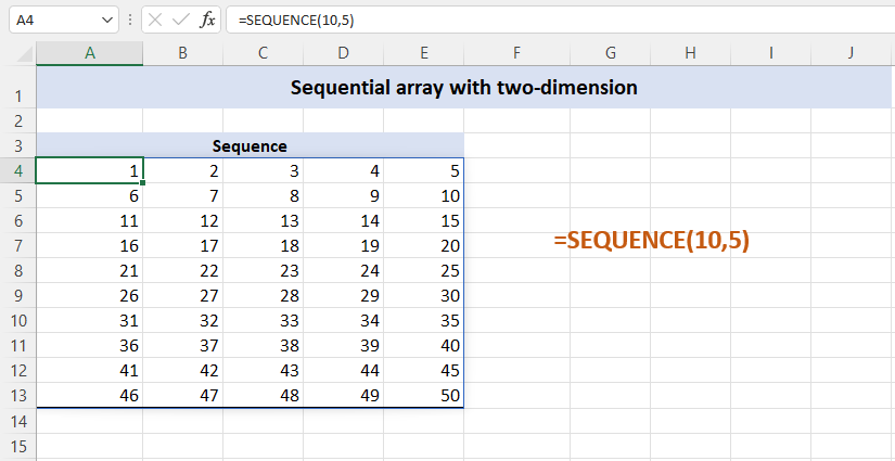 Excel two dimension sequence function
