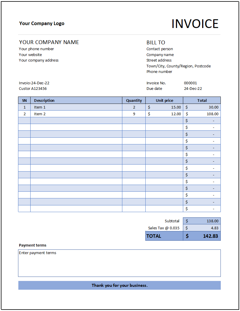 Microsoft Excel Invoicing Template