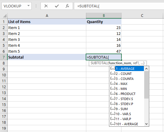 List of Microsoft Excel SUBTOTAL Functions