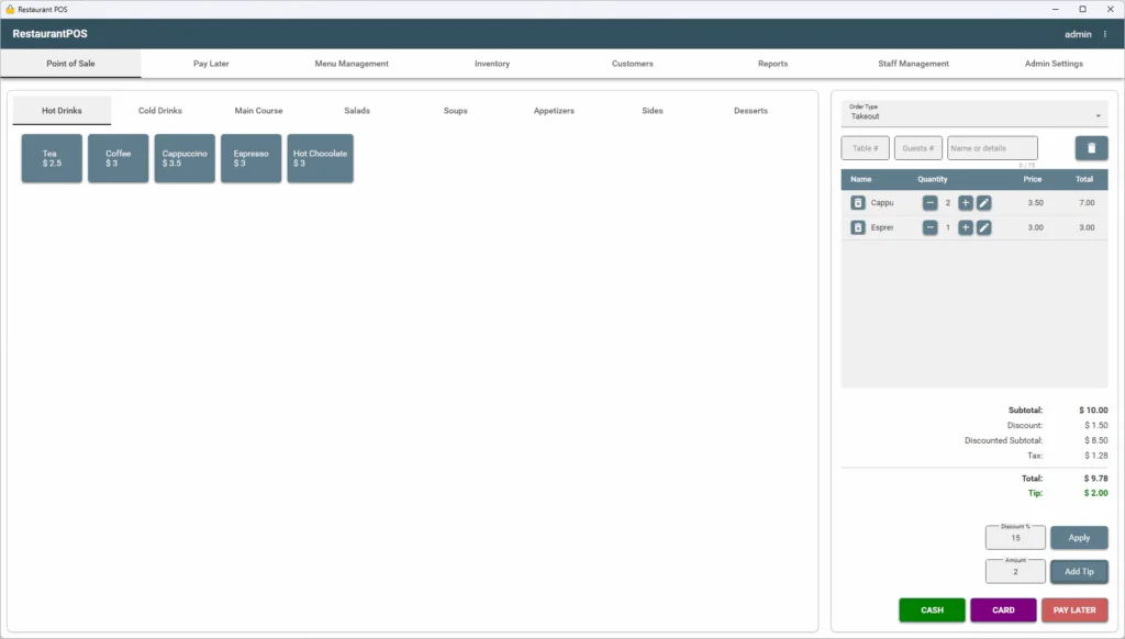 Screenshot of a restaurant POS application interface with menu and order management features.